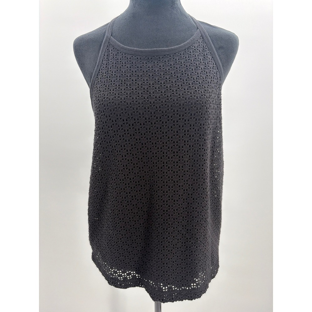 Gap Black Crochet Halter Top Womens Large Open Knit Pointelle Tie Back High Neck